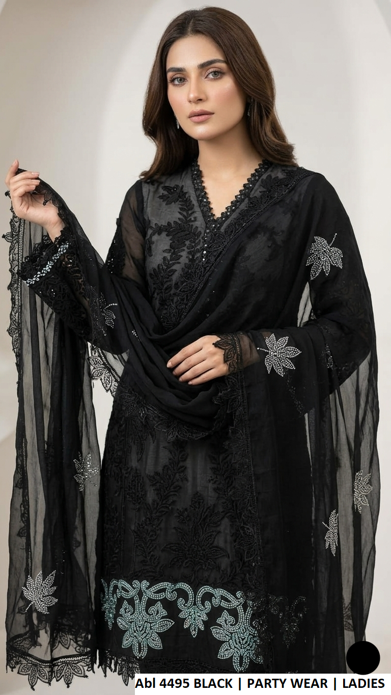 ABL 4495 BLACK chiffon Pakistani women's straight shirt with plazo side view