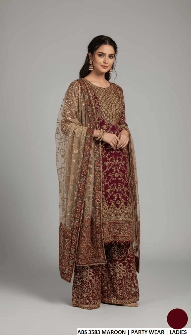 Chiffon shirt plazo maroon - Pakistani women's formal party wear with chiffon plazo and matching dupatta front view