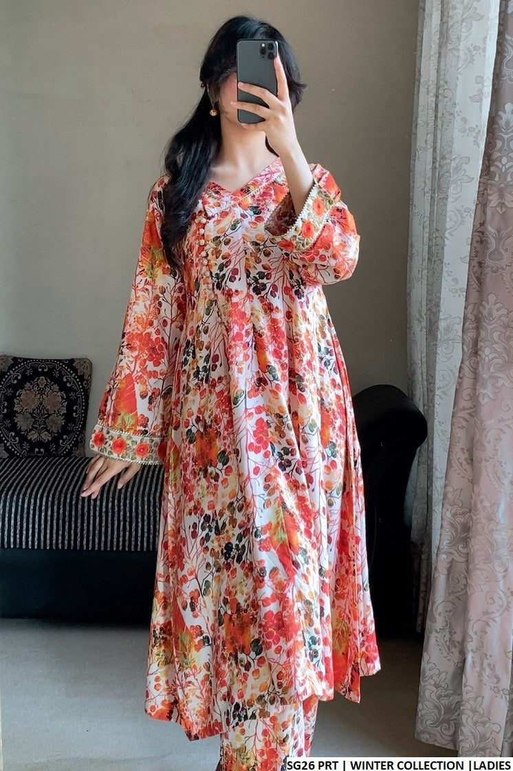 Linen angrakha frock SG26 - Pakistani women's semi-formal outfit with 2PC dupatta front view