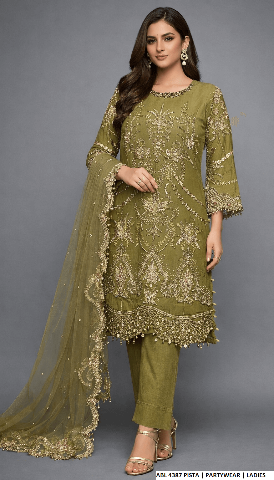 Organza straight shirt pista green - Pakistani women's elegant formal wear with viscose trouser and organza dupatta front view
