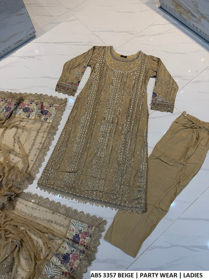 Pakistani women's beige chiffon straight shirt back view
