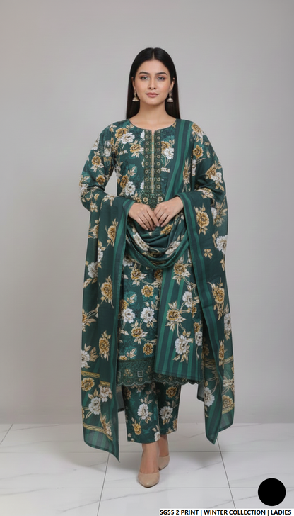 Lawn A-Line printed shirt - Pakistani women's casual summer outfit with cotton trouser and lawn dupatta front view