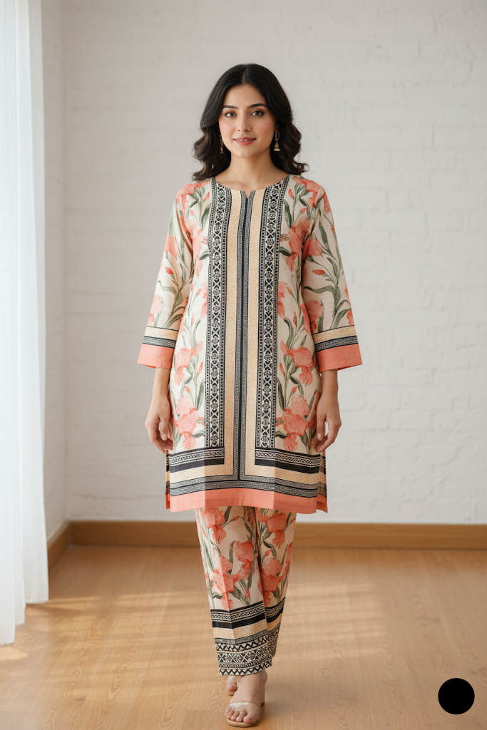 Lawn 2-piece printed - Pakistani women's casual summer outfit with cotton trouser and lawn dupatta front view