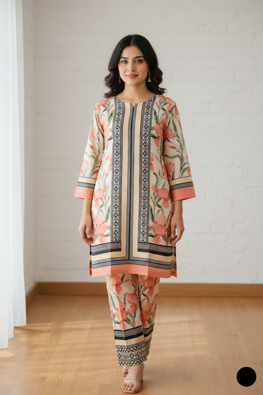 Lawn 2-piece printed - Pakistani women's casual summer outfit with cotton trouser and lawn dupatta front view
