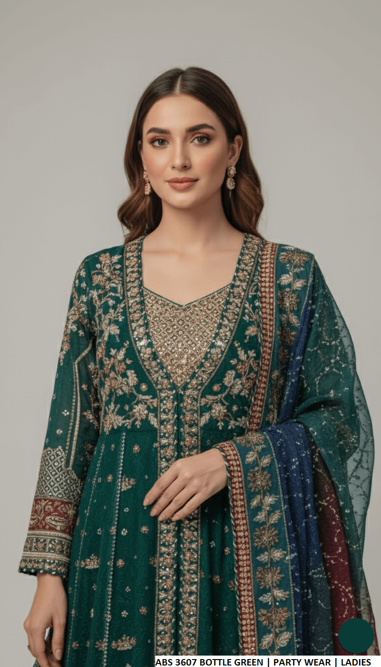 Pakistani women's bottle green chiffon straight shirt back view