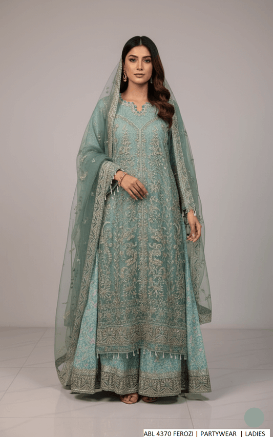 Organza long frock ferozi - Pakistani women's luxury formal wear with viscose trouser and organza dupatta front view
