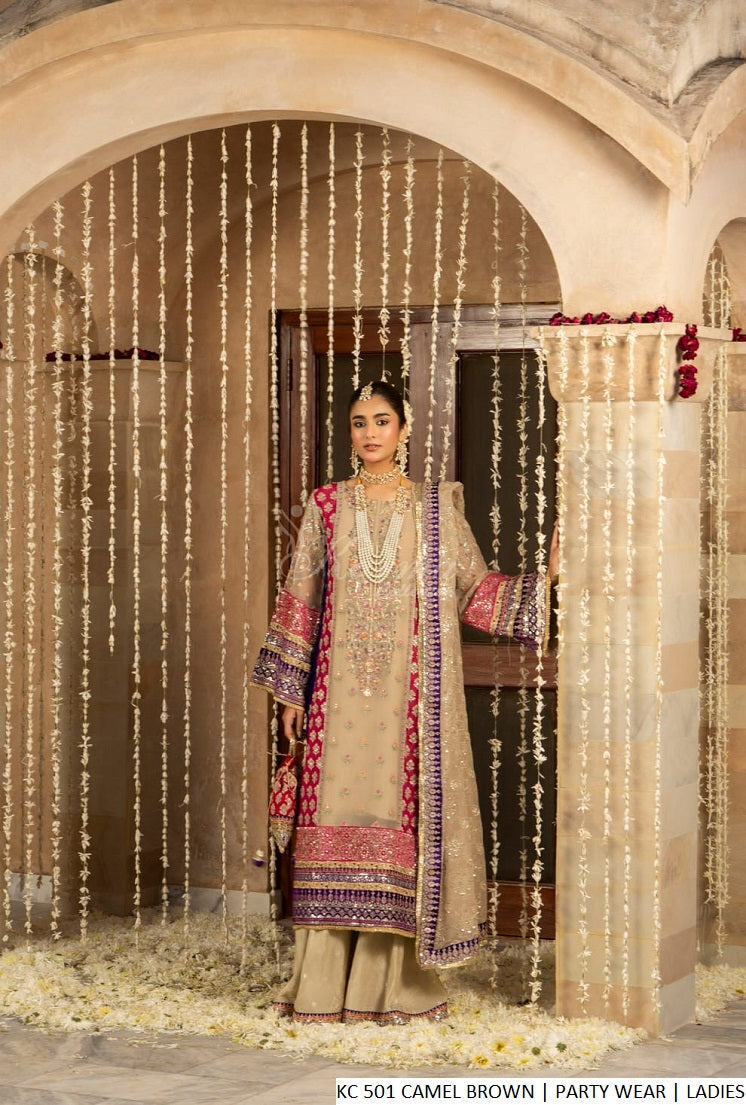Chiffon long shirt camel brown - Pakistani women's elegant formal wear with viscose trouser and chiffon dupatta front view