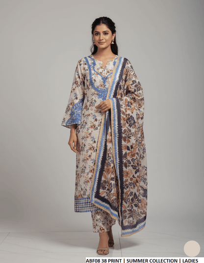 Lawn long frock printed - Pakistani women's casual summer outfit with lawn trouser and digital print dupatta front view
