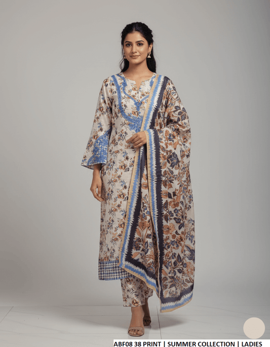 Lawn long frock printed - Pakistani women's casual summer outfit with lawn trouser and digital print dupatta front view