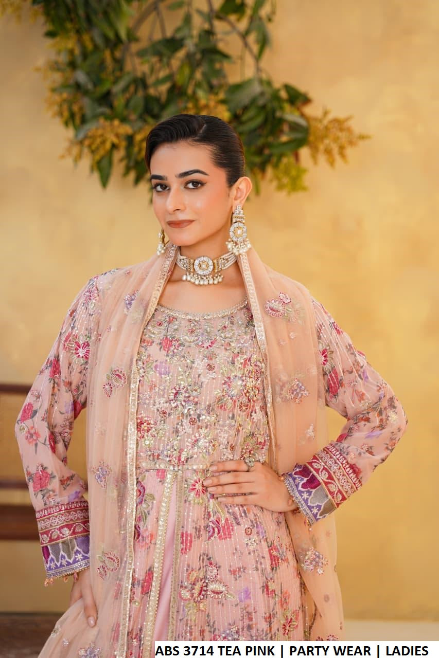 Tea pink chiffon Pakistani women's long open frock side view