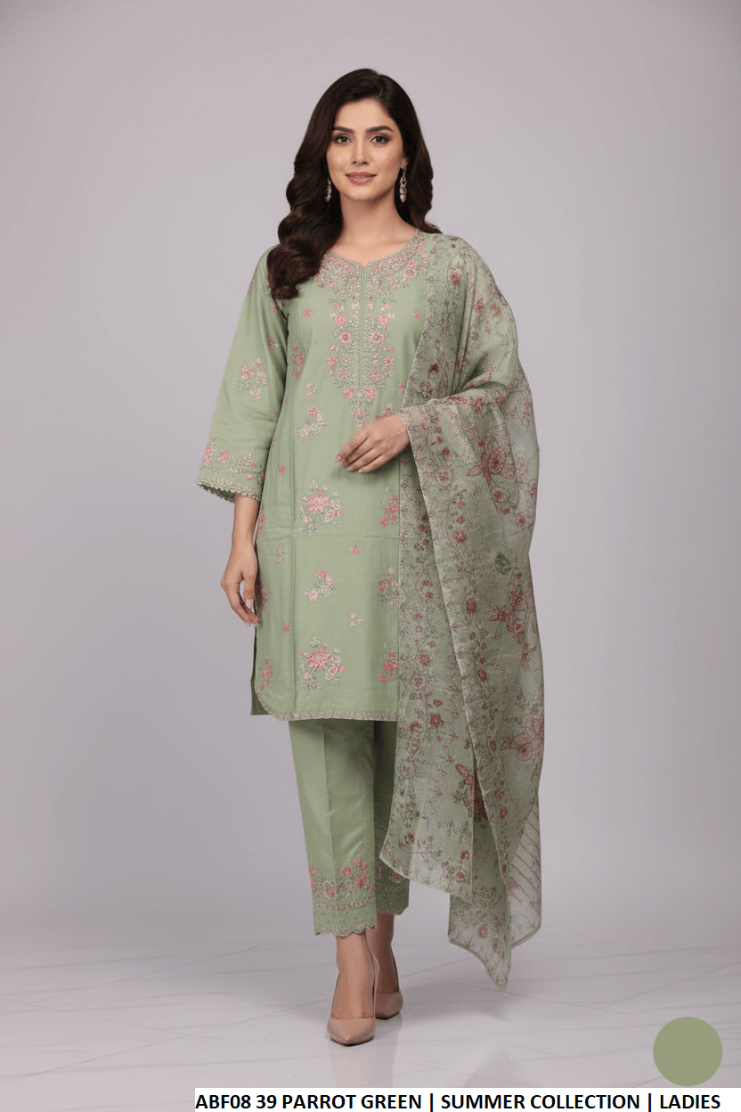 Cotton straight shirt farshi shalwar parrot green - Pakistani women's casual traditional outfit with digital print dupatta front view