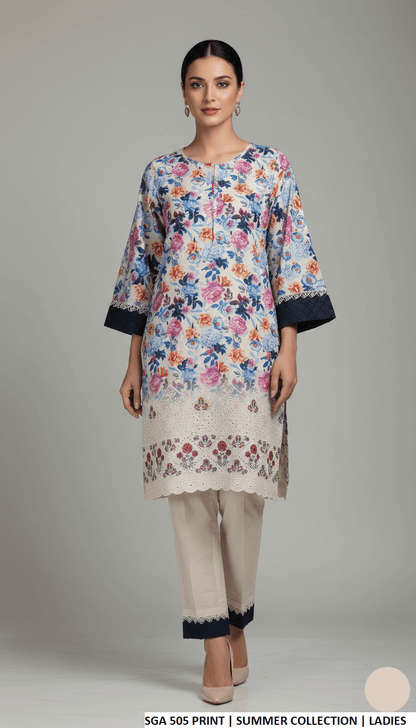 Lawn straight printed shirt - Pakistani women's casual everyday outfit with cotton trouser front view
