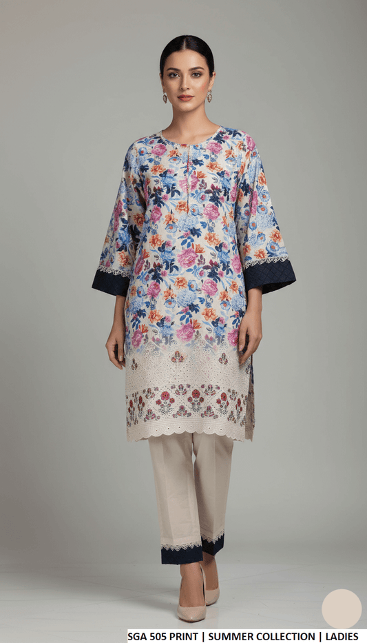 Lawn straight printed shirt - Pakistani women's casual everyday outfit with cotton trouser front view