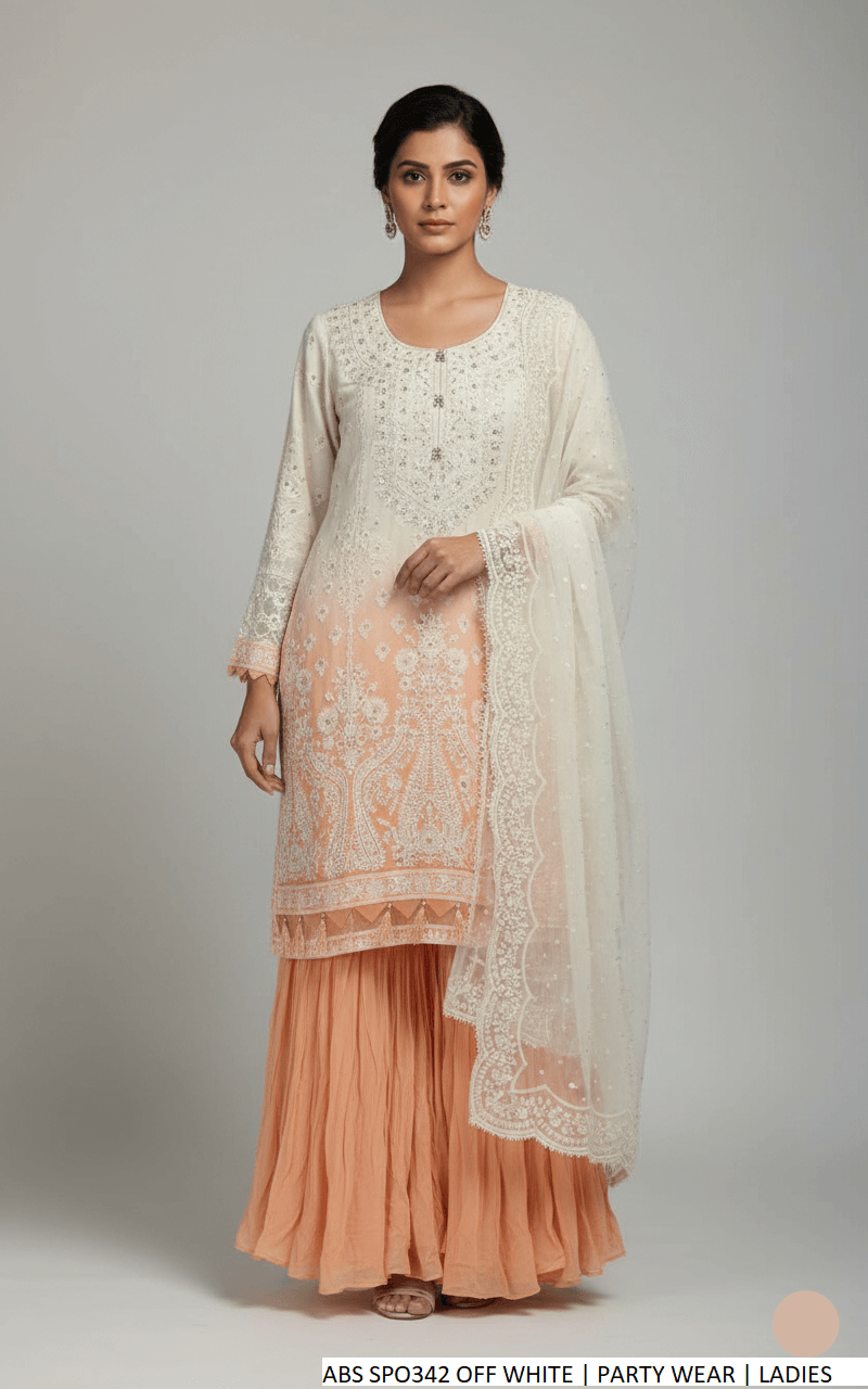 Chiffon shirt garara off white - Pakistani women's festive party wear with chiffon dupatta front view