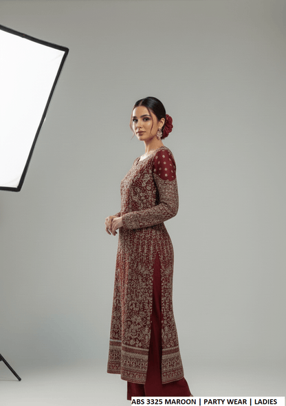 Pakistani women's maroon chiffon straight shirt back view