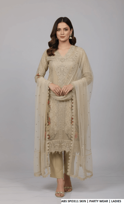 Chiffon straight shirt skin - Pakistani women's party wear with viscose trouser and chiffon dupatta front view