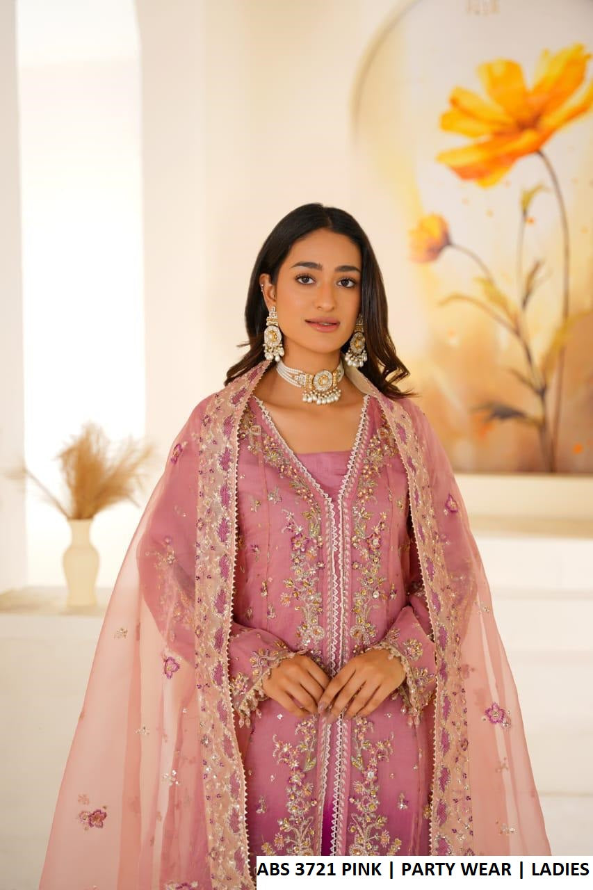 Baby pink organza Pakistani women's open long frock side view