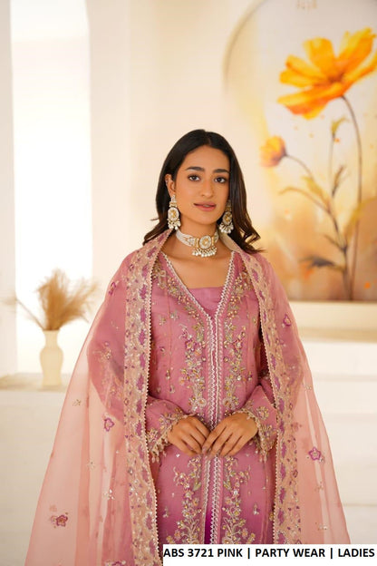 Baby pink organza Pakistani women's open long frock side view