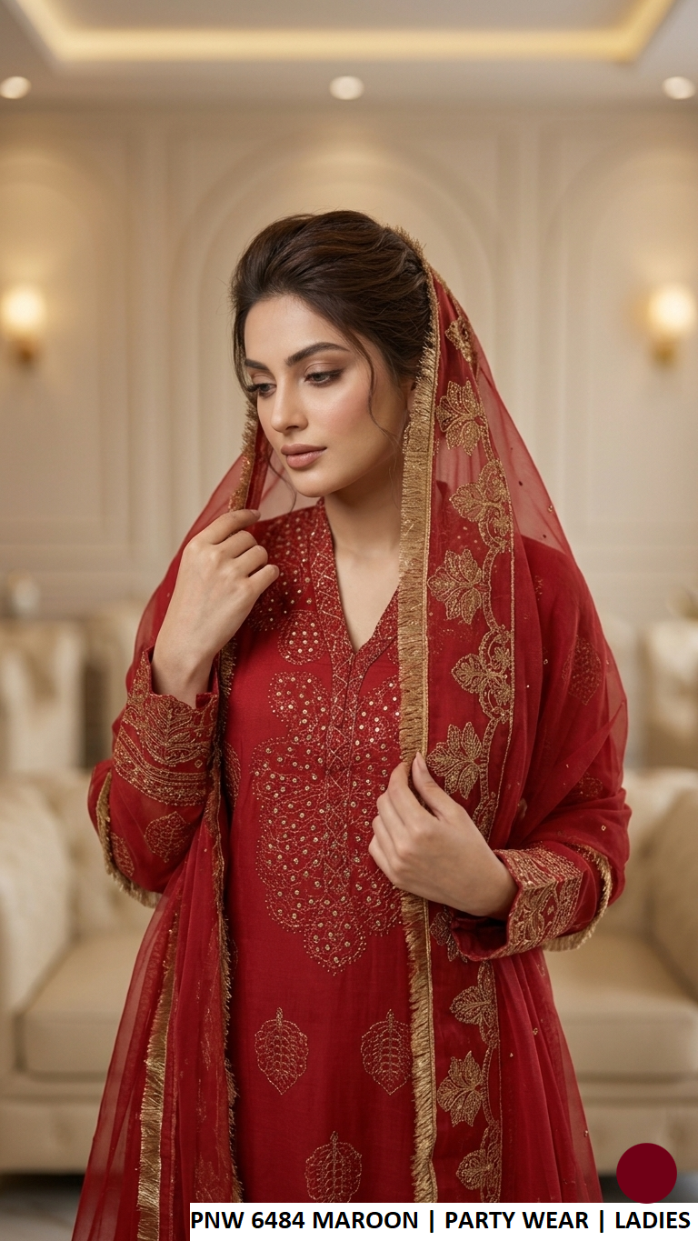 PNW 6484 MAROON - Maroon Chiffon Straight 3-Piece Women's Pakistani Suit