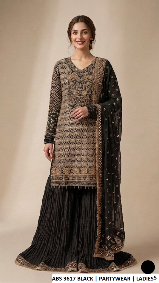 ABS 3617 BLACK - Black Chiffon Straight 3-Piece Women's Pakistani Suit
