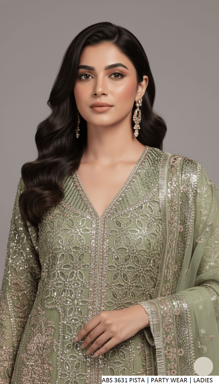 Pista green organza Pakistani women's open shirt side view