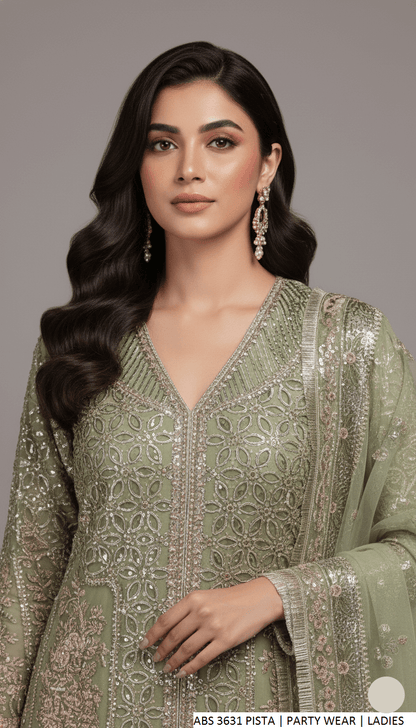 Pista green organza Pakistani women's open shirt side view