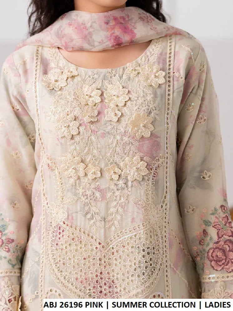 ABJ 26196 OFF WHT - Off White Chiffon Straight 3-Piece Women's Pakistani Suit