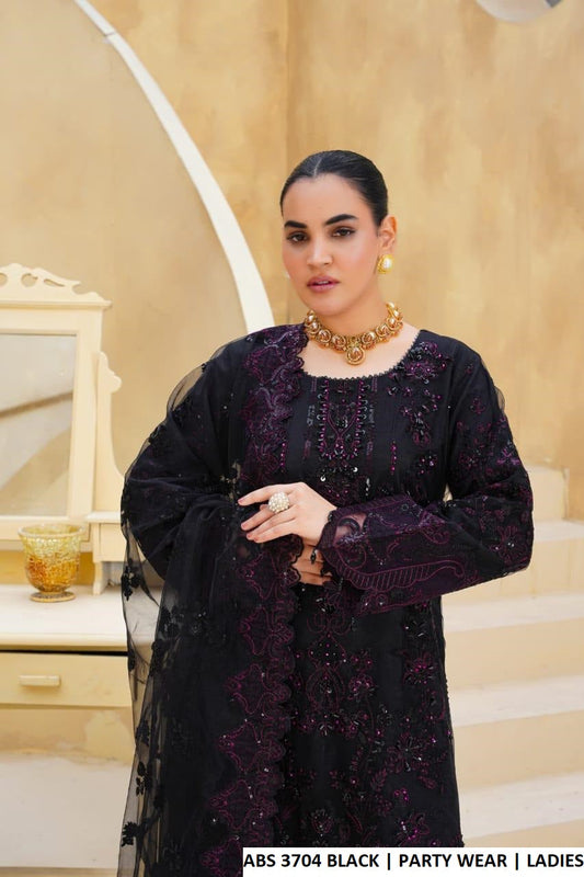 Black soft net Pakistani women's straight shirt with crush plazo side view