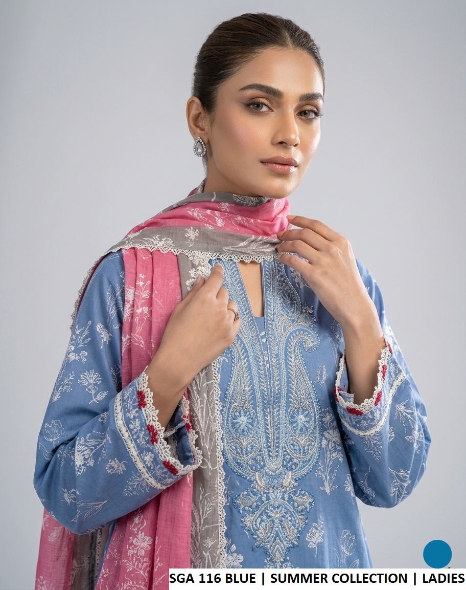 Blue lawn Pakistani women's A-Line shirt with cotton trouser side view