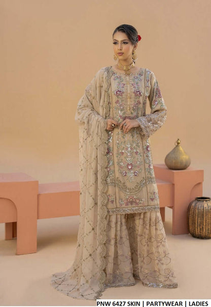 Chiffon straight shirt gharara skin - Pakistani women's festive party wear with chiffon dupatta front view