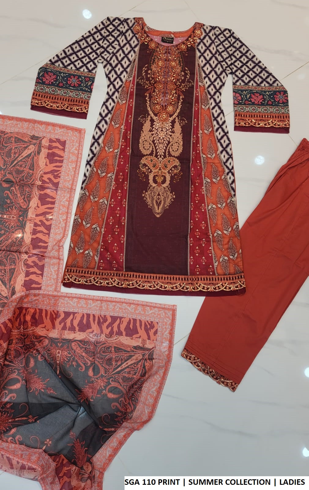 Pakistani women's lawn A-Line printed casual outfit back view