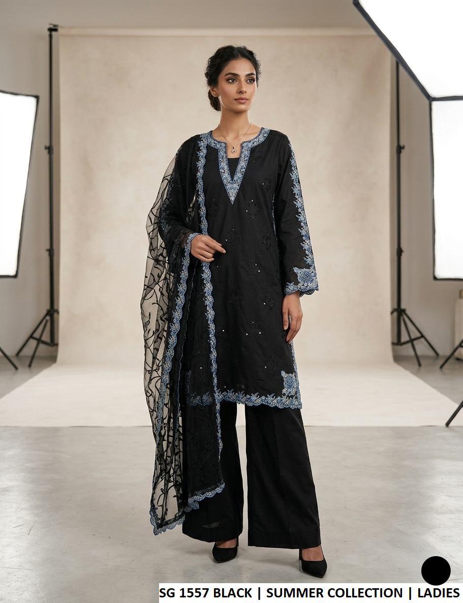 Lawn A-Line shirt black - Pakistani women's casual summer outfit with cotton trouser and soft net dupatta front view