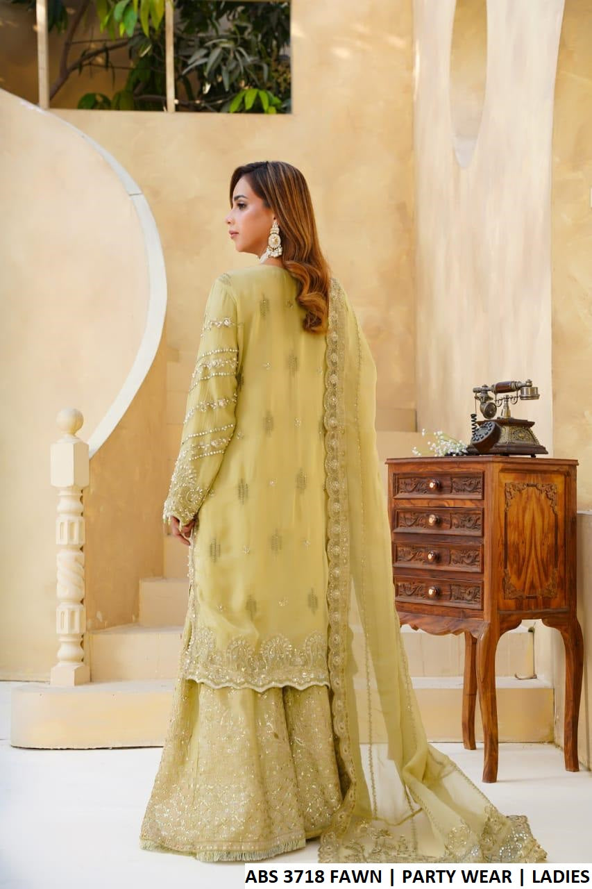 Pakistani women's fawn chiffon outfit detail view