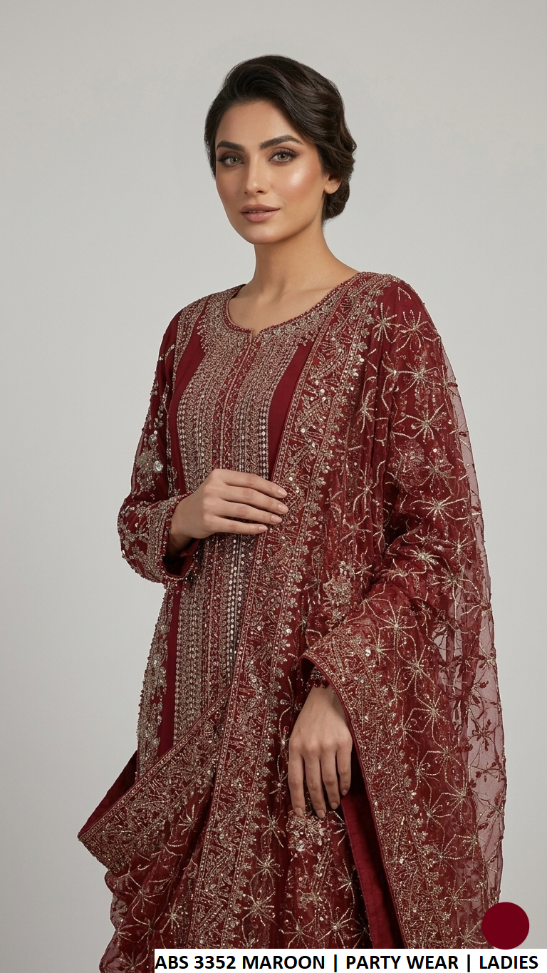 ABS 3352 MAROON - Maroon Chiffon A-Line 3-Piece Women's Pakistani Suit
