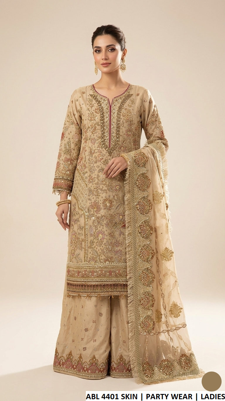 Pakistani women's masoori net 4-piece formal outfit detail view