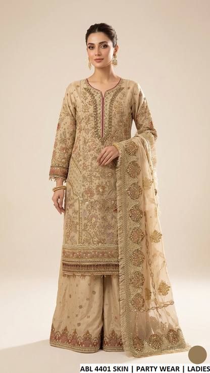 Pakistani women's masoori net 4-piece formal outfit detail view