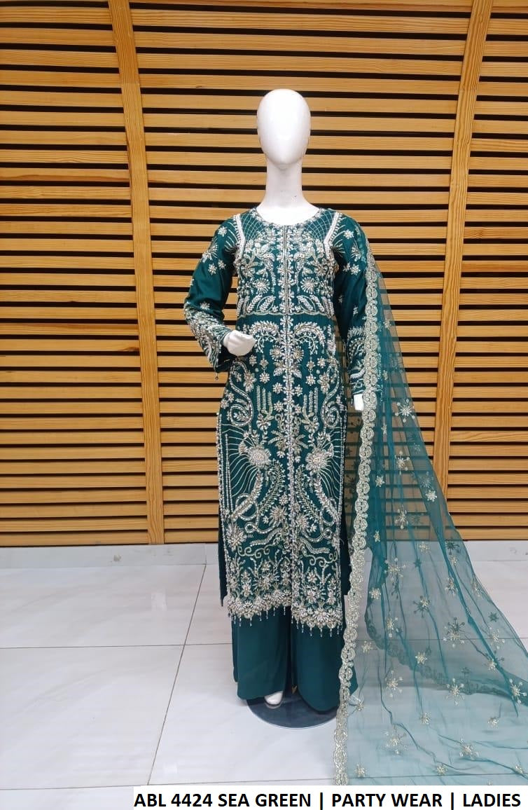 Pakistani women's sea green organza open shirt plazo back view
