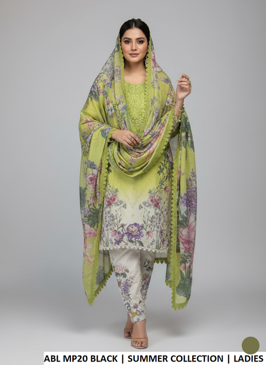 Poly lawn straight shirt parrot green - Pakistani women's casual summer outfit with digital print silk dupatta front view