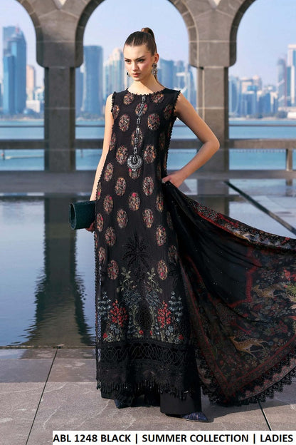 ABL 1248 BLACK - Black Cotton Straight Shirt Plazo Set with Digital Silk Dupatta | Women's 3-Piece Suit