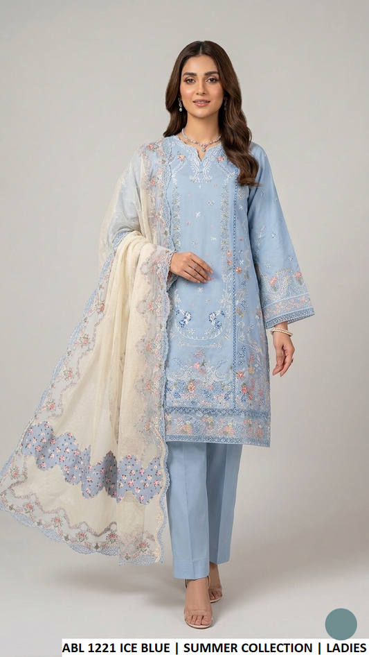 Cotton A-Line shirt ABL 1221 ICE BLUE - Pakistani women's casual summer outfit with organza karandi dupatta front view
