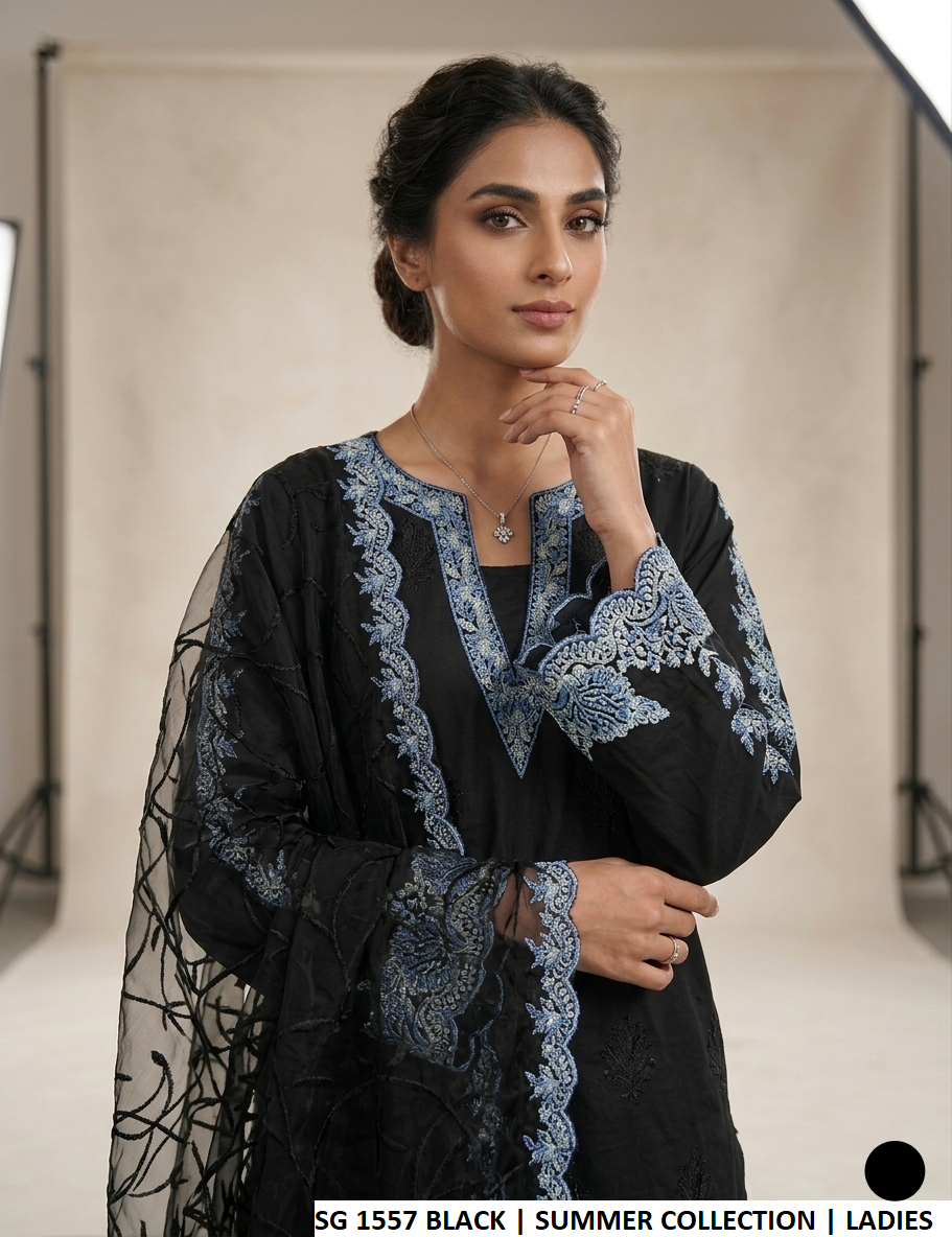 Black lawn Pakistani women's A-Line shirt with cotton trouser side view