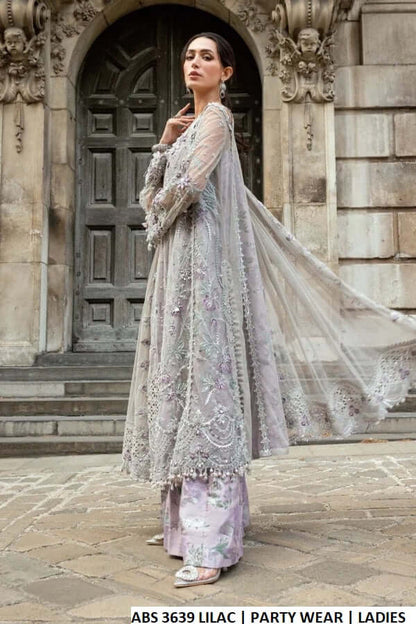 Pakistani women's lilac soft net A-Line shirt plazo detail view