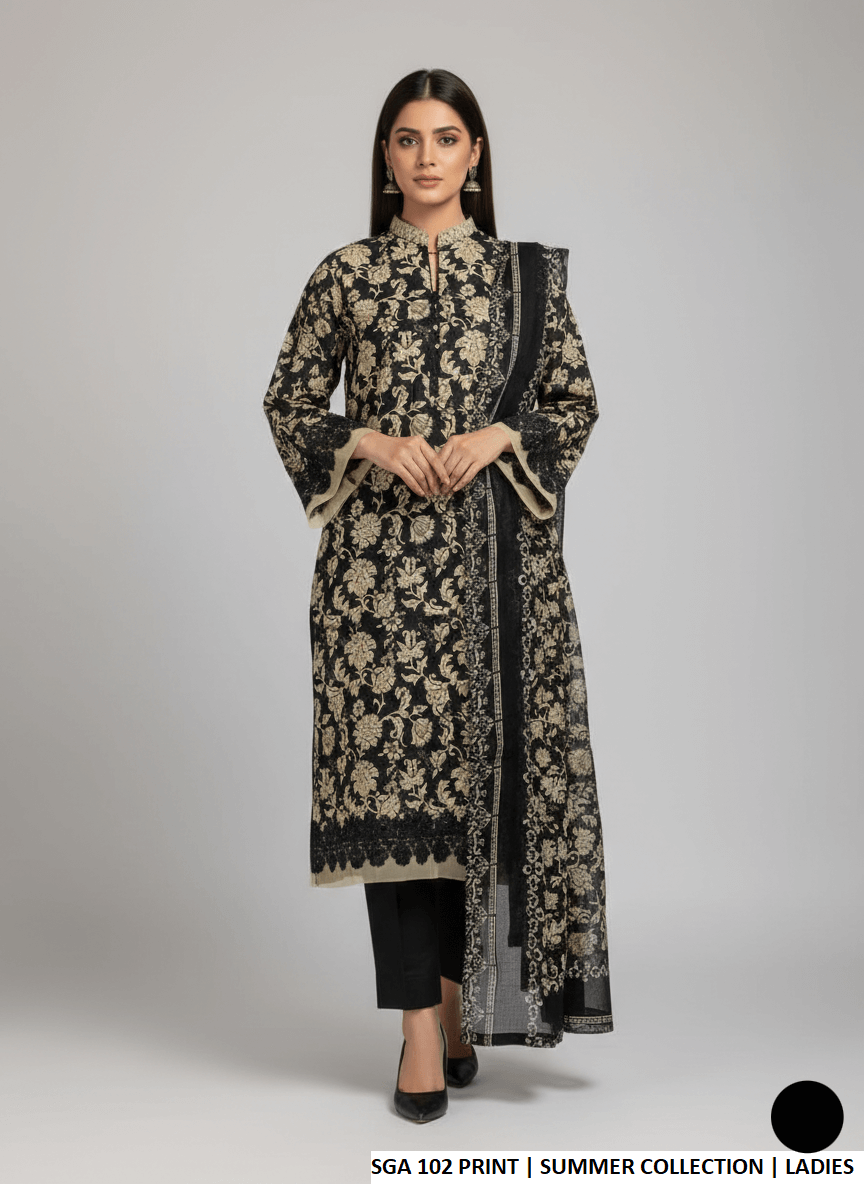 Lawn straight printed shirt - Pakistani women's casual summer outfit with cotton trouser and lawn dupatta front view