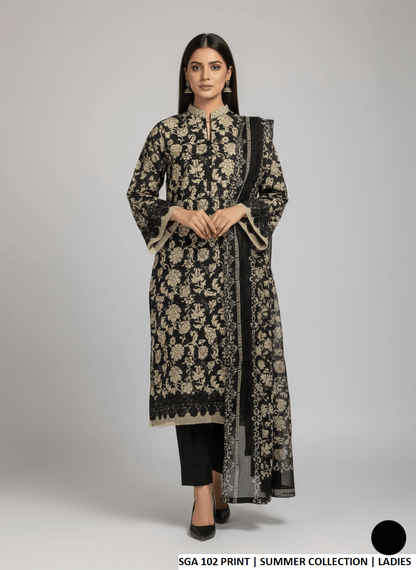 Lawn straight printed shirt - Pakistani women's casual summer outfit with cotton trouser and lawn dupatta front view