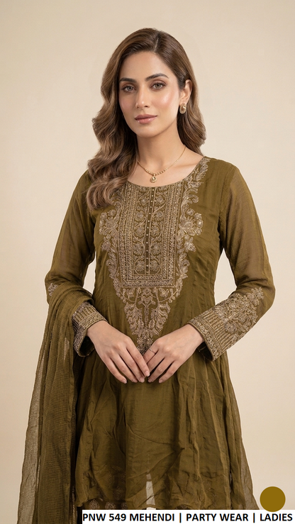 Mehendi green chiffon Pakistani women's short frock side view