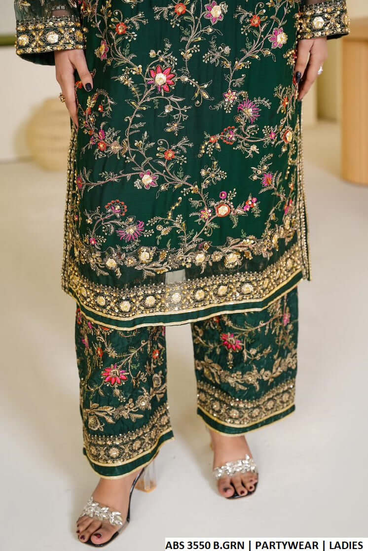 Pakistani women's bottle green chiffon straight shirt back view