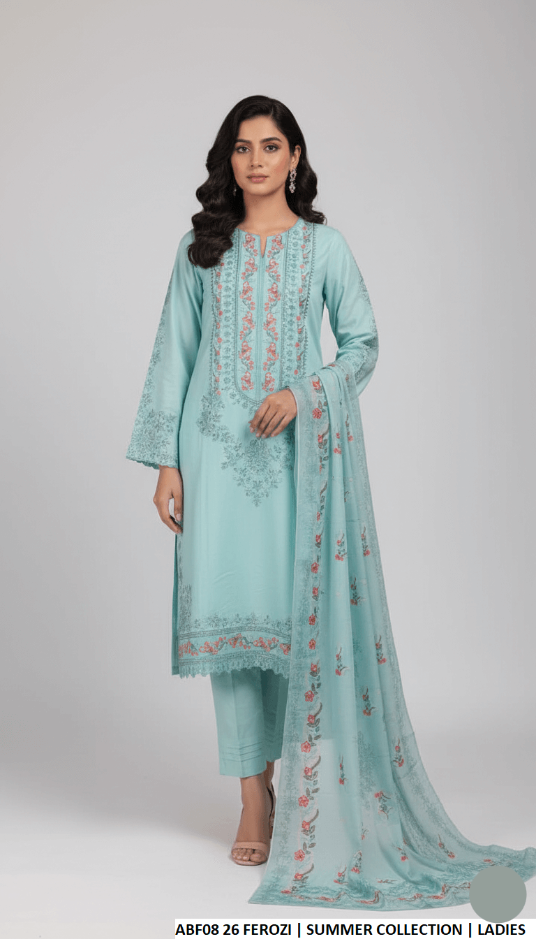 Cotton straight shirt ferozi - Pakistani women's casual outfit with digital print dupatta front view