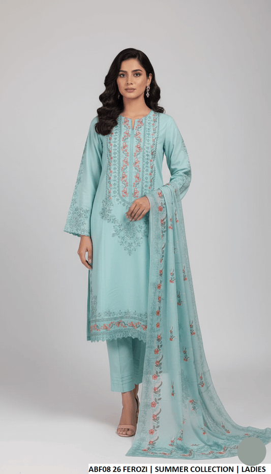 Cotton straight shirt ferozi - Pakistani women's casual outfit with digital print dupatta front view