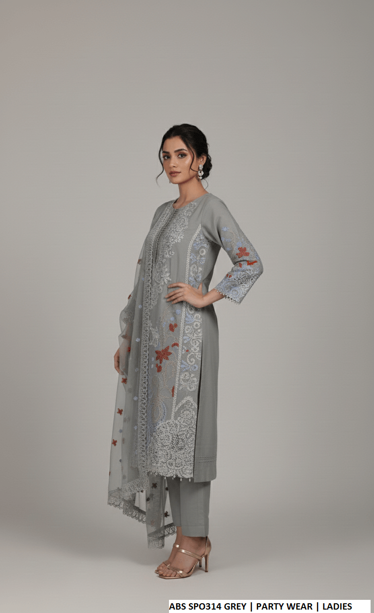 Pakistani women's grey chiffon straight shirt plazo back view