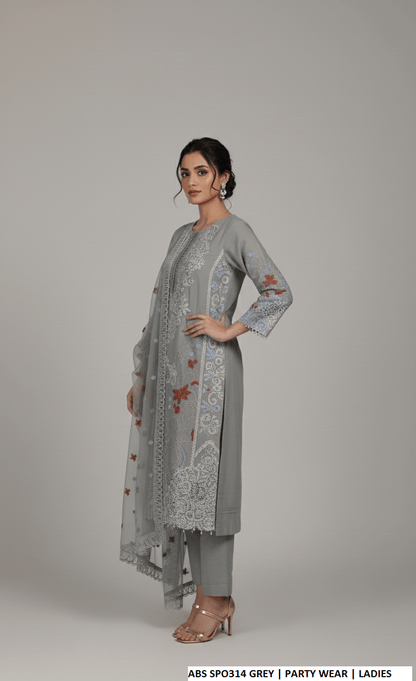 Pakistani women's grey chiffon straight shirt plazo back view